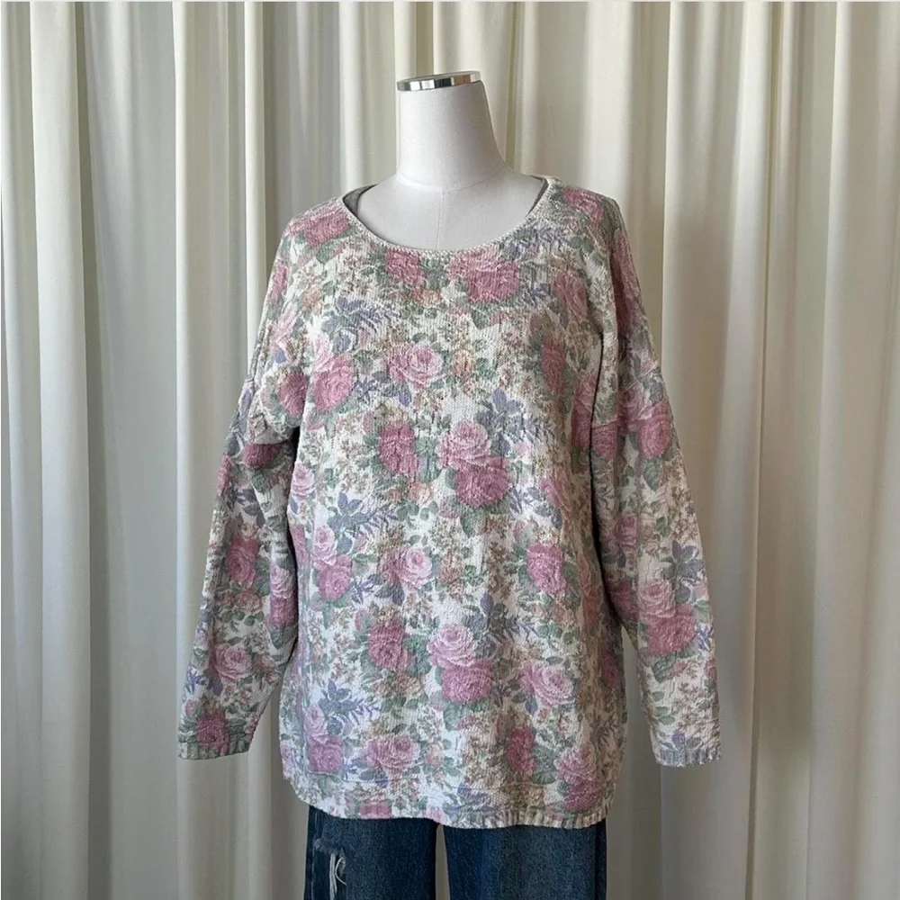 Vintage Glory US Floral Knit Sweater Shabby Chic Rose Print Pastel Pullover. - Picture 2 of 8